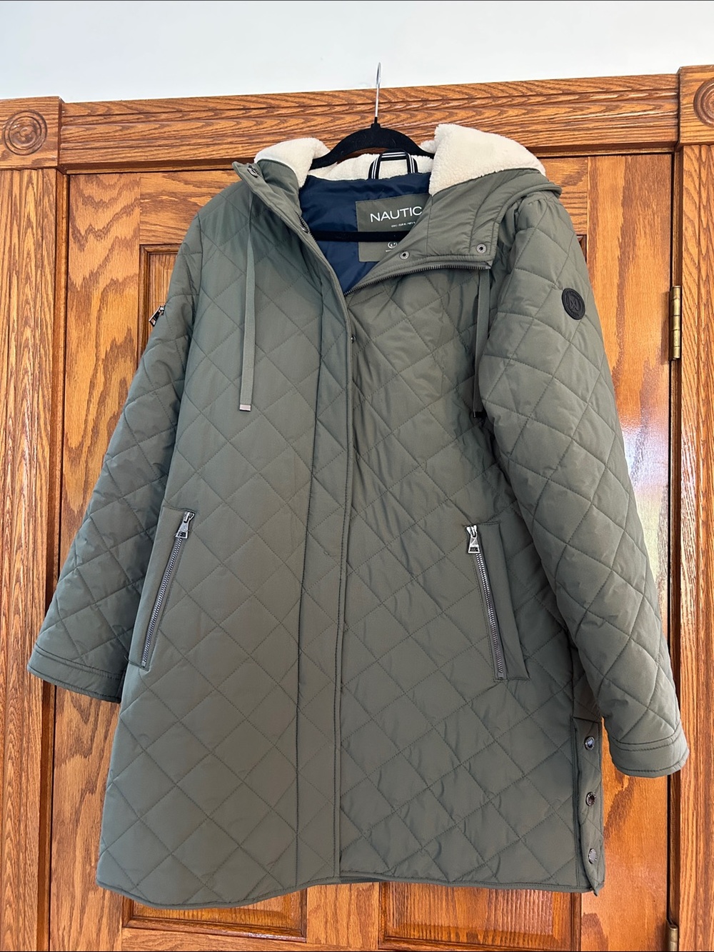 Nautica Quilted Hooded Coat in Olive